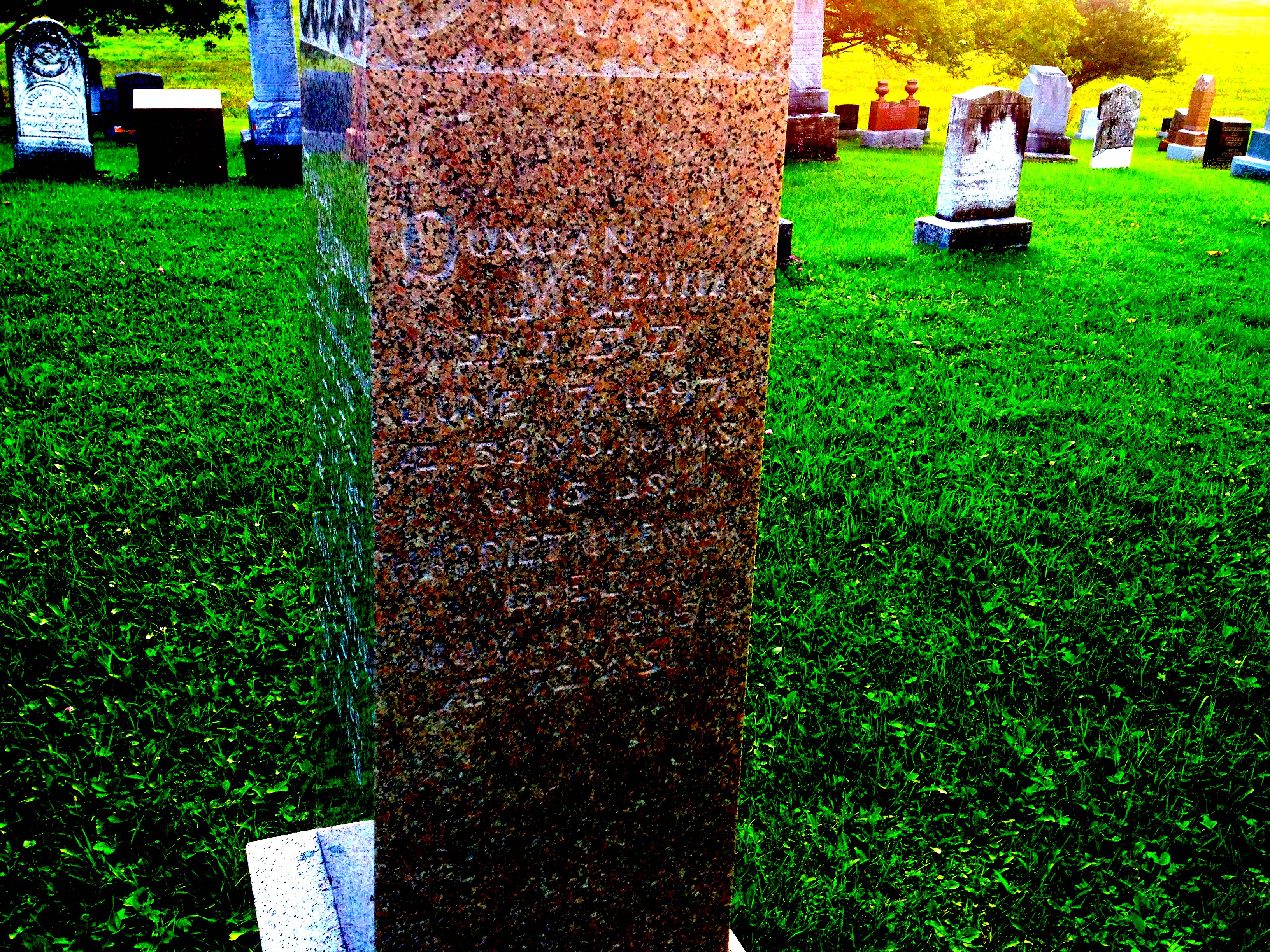 Photo of headstones/Duncan McLennan d1897 & Harriet McLennan d1915 hdstn Kirkhill United , Glengarry, Ontario